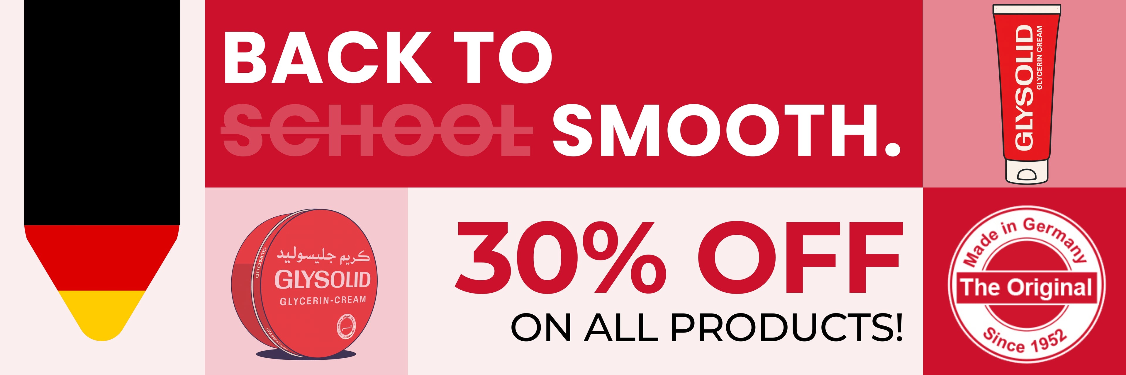 Promotional banner for Glysolid with 'Back to School Smooth' text and 30% off offer.